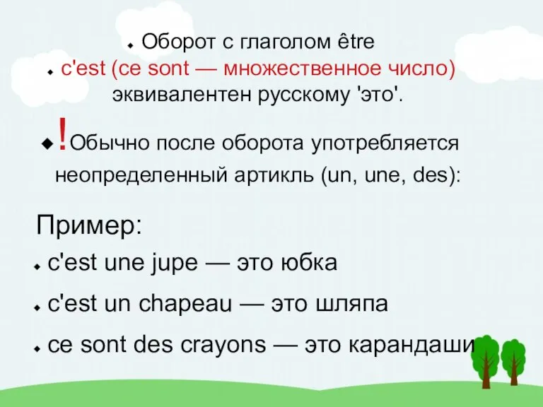 Оборот с глаголом être c'est (ce sont — множественное число) эквивалентен русскому