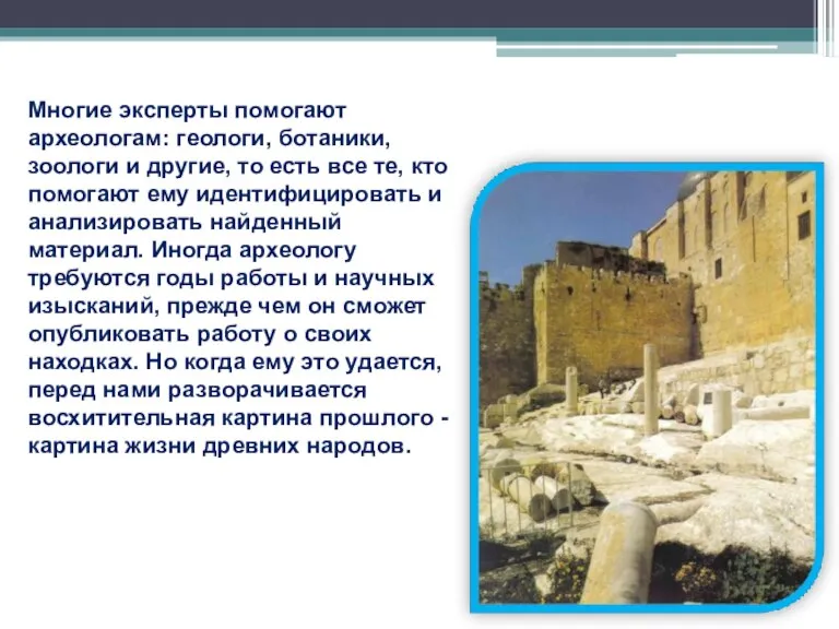 Многие эксперты помогают археологам: геологи, ботаники, зоологи и другие, то есть все