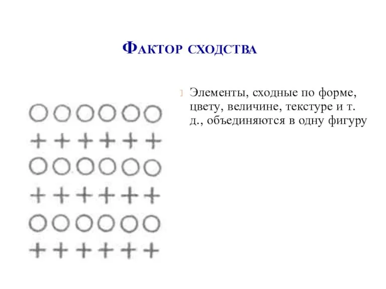 Фактор сходства Элементы, сходные по форме, цвету, величине, текстуре и т.д., объединяются в одну фигуру