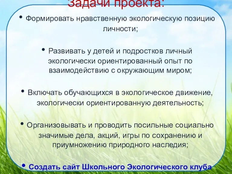 Задачи проекта: Формировать нравственную экологическую позицию личности; Развивать у детей и подростков