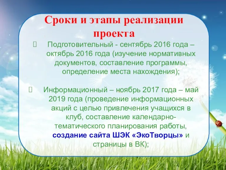 Сроки и этапы реализации проекта Подготовительный - сентябрь 2016 года – октябрь