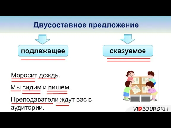 Двусоставное предложение подлежащее сказуемое Моросит дождь. Мы сидим и пишем. Преподаватели ждут вас в аудитории.