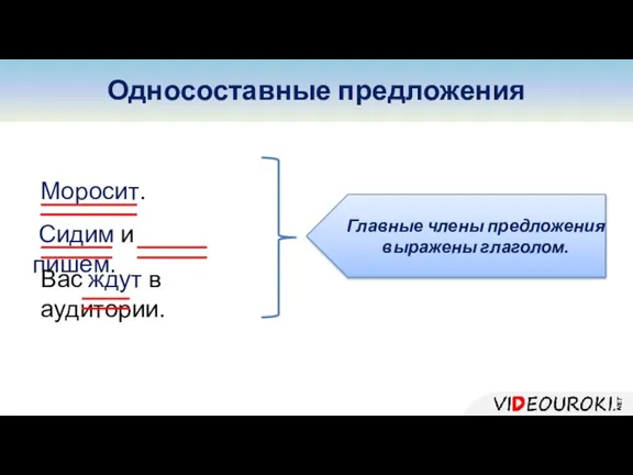 Моросит. Сидим и пишем. Вас ждут в аудитории. Главные члены предложения выражены глаголом. Односоставные предложения