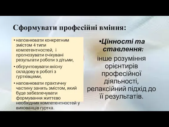 Сформувати професійні вміння: наповнювати конкретним змістом 4 типи компетентностей, і прогнозувати очікувані