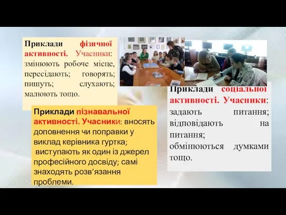 Приклади фізичної активності. Учасники: змінюють робоче місце, пересідають; говорять; пишуть; слухають; малюють