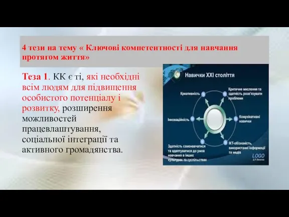 4 тези на тему « Ключові компетентності для навчання протягом життя» Теза