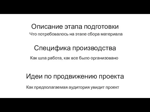 Описание этапа подготовки Что потребовалось на этапе сбора материала Идеи по продвижению