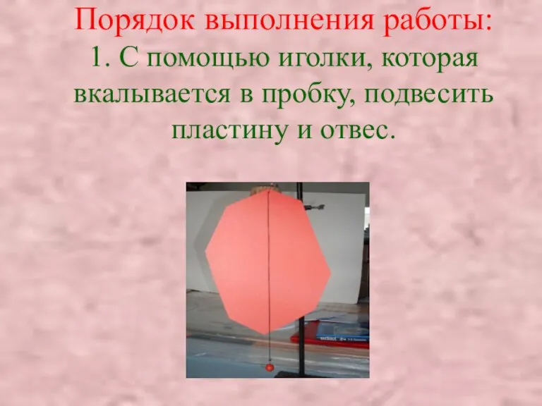 Порядок выполнения работы: 1. С помощью иголки, которая вкалывается в пробку, подвесить пластину и отвес.