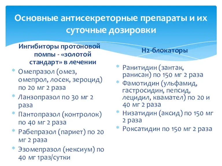 Основные антисекреторные препараты и их суточные дозировки Ингибиторы протоновой помпы - «золотой