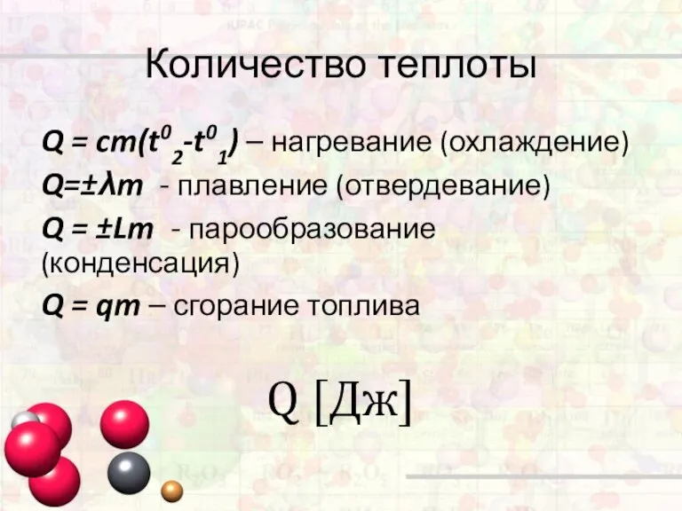 Q = cm(t02-t01) – нагревание (охлаждение) Q=±λm - плавление (отвердевание) Q =