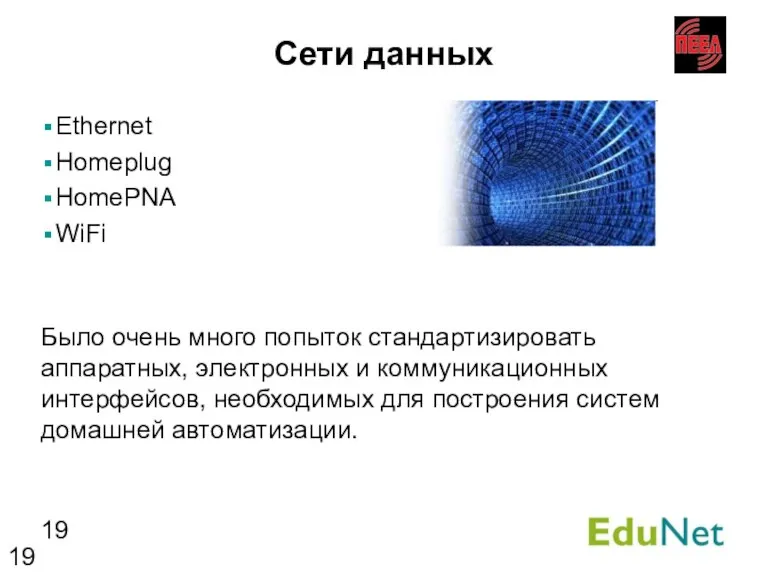 Сети данных Ethernet Homeplug HomePNA WiFi Было очень много попыток стандартизировать аппаратных,