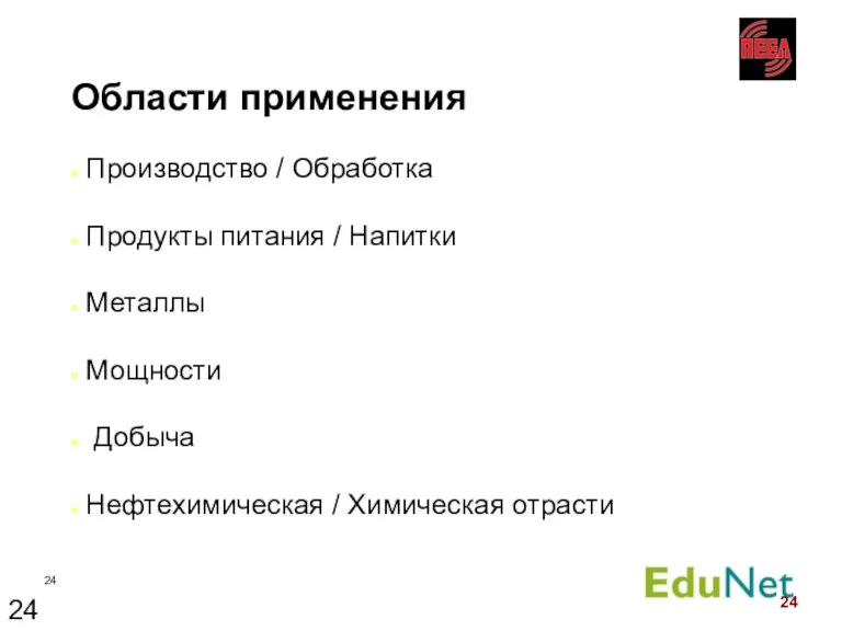 Области применения Производство / Обработка Продукты питания / Напитки Металлы Мощности Добыча Нефтехимическая / Химическая отрасти