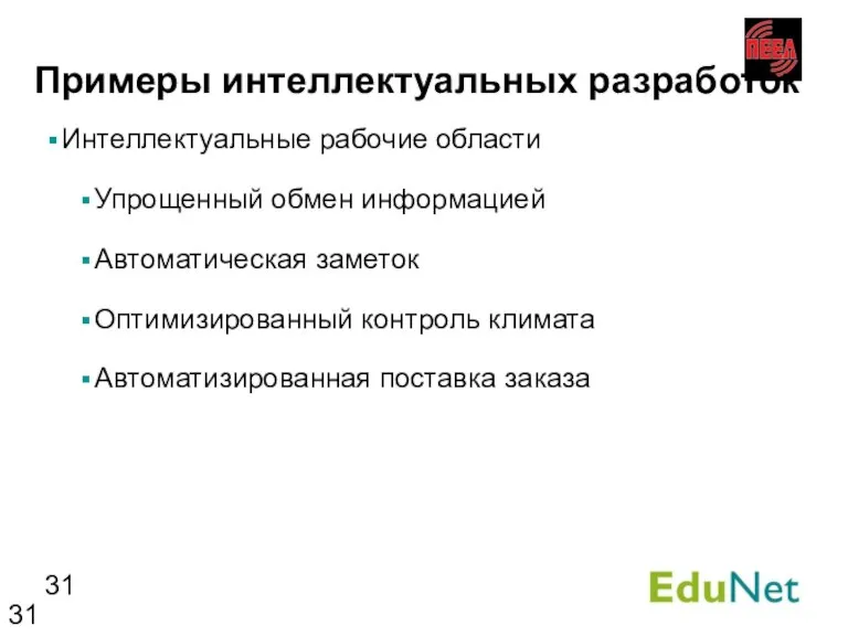 Примеры интеллектуальных разработок Интеллектуальные рабочие области Упрощенный обмен информацией Автоматическая заметок Оптимизированный