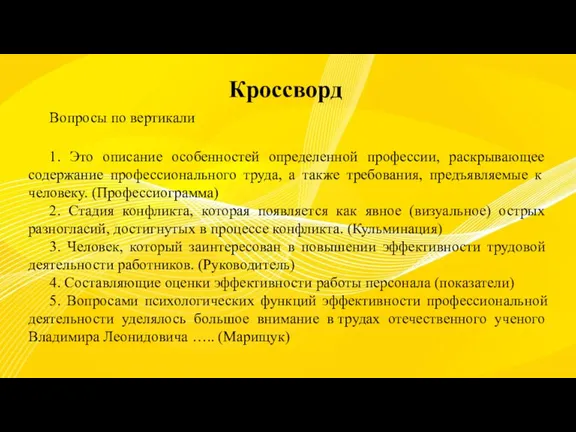 Кроссворд Вопросы по вертикали 1. Это описание особенностей определенной профес­сии, раскрывающее содержание