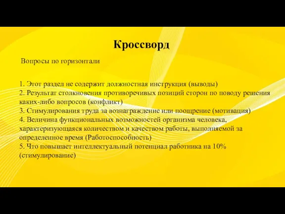 Кроссворд Вопросы по горизонтали 1. Этот раздел не содержит должностная инструкция (выводы)