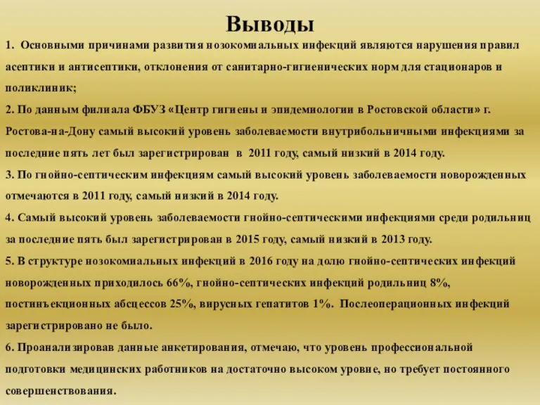 Выводы 1. Основными причинами развития нозокомиальных инфекций являются нарушения правил асептики и