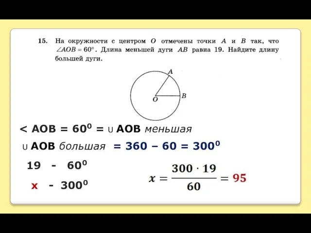 U AOB большая = 360 – 60 = 3000 19 - 600 х - 3000