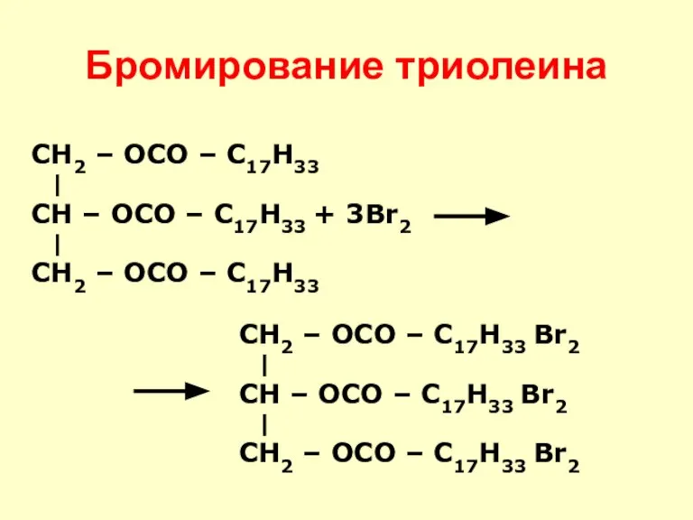 Бромирование триолеина CH – OCO – С17H33 + 3Br2 CH2 – OCO