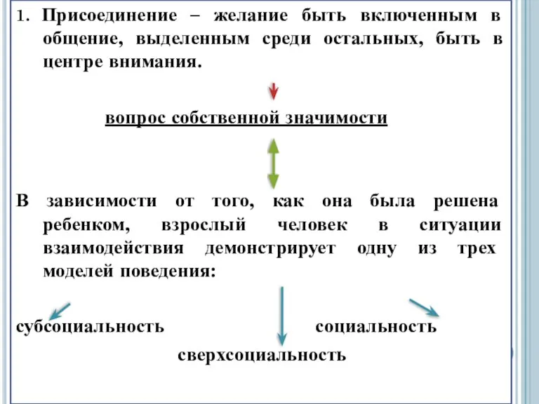 1. Присоединение – желание быть включенным в общение, выделенным среди остальных, быть