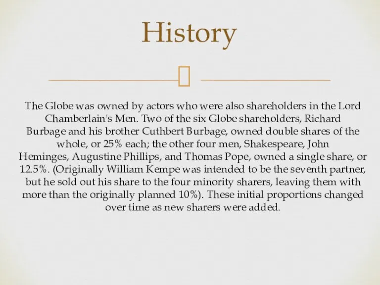 History The Globe was owned by actors who were also shareholders in