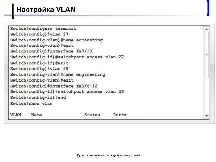 Проектирование малых корпоративных сетей Настройка VLAN