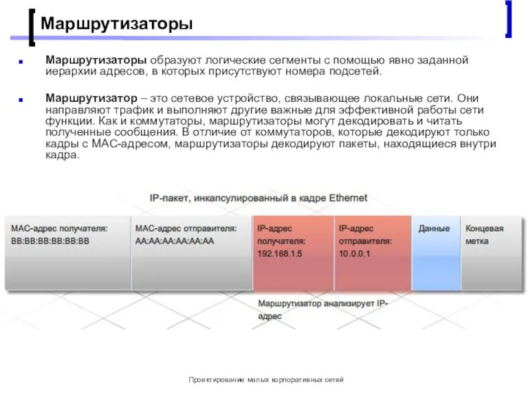 Проектирование малых корпоративных сетей Маршрутизаторы Маршрутизаторы образуют логические сегменты с помощью явно