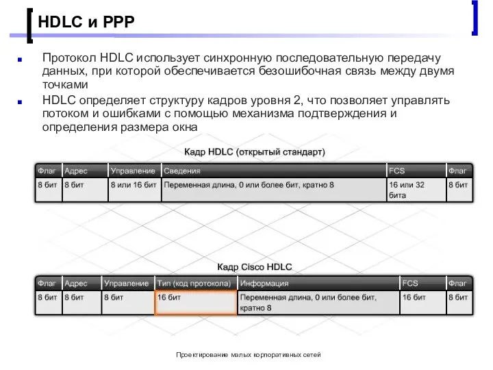 Проектирование малых корпоративных сетей HDLC и PPP Протокол HDLC использует синхронную последовательную