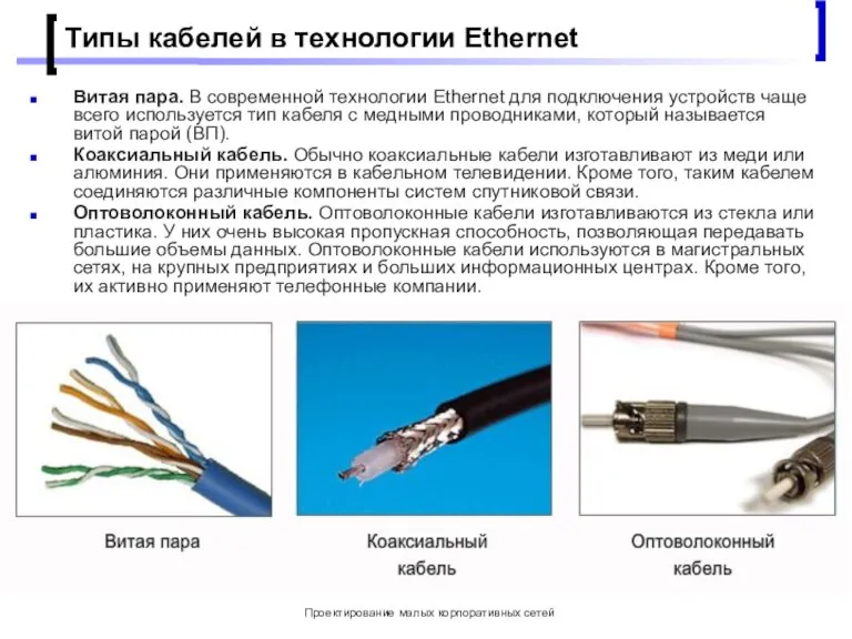 Проектирование малых корпоративных сетей Типы кабелей в технологии Ethernet Витая пара. В
