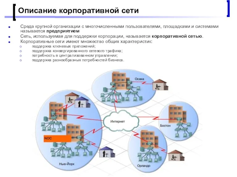 Проектирование малых корпоративных сетей Описание корпоративной сети Среда крупной организации с многочисленными