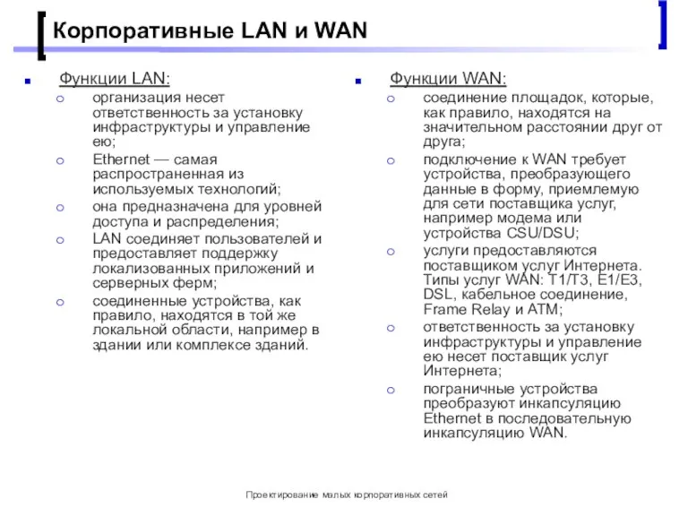 Проектирование малых корпоративных сетей Корпоративные LAN и WAN Функции LAN: организация несет
