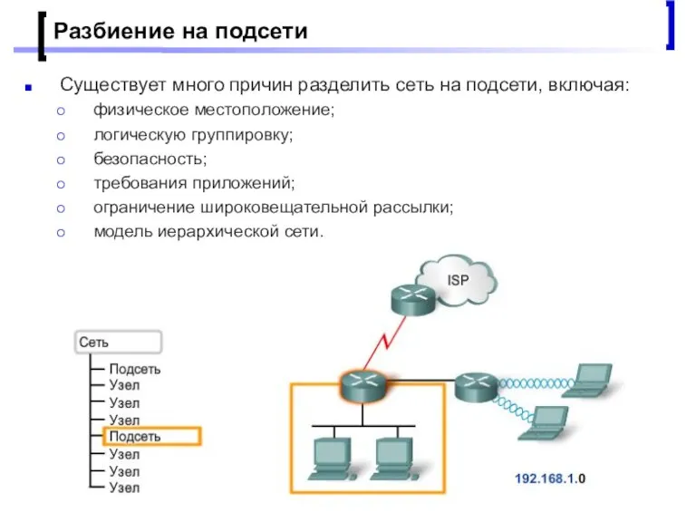 Проектирование малых корпоративных сетей Разбиение на подсети Существует много причин разделить сеть