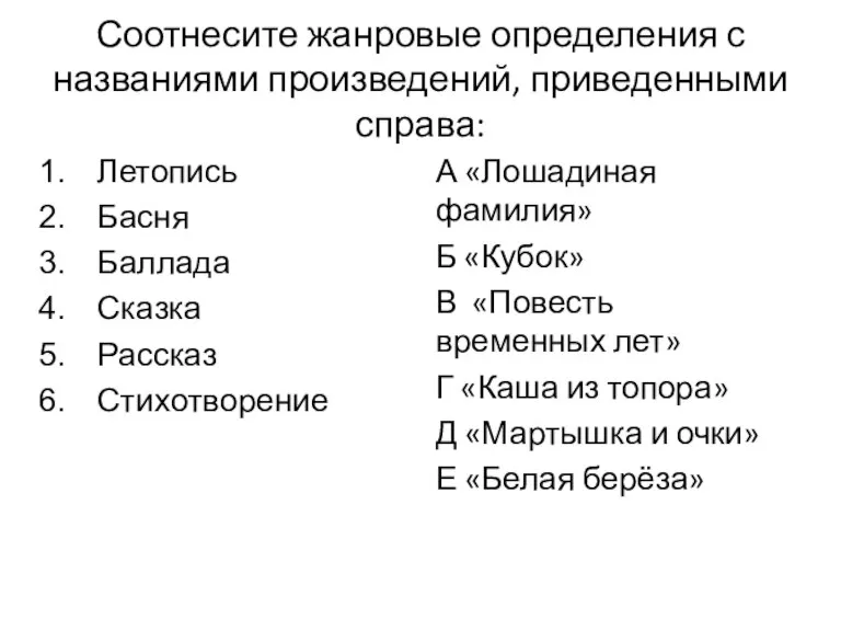 Соотнесите жанровые определения с названиями произведений, приведенными справа: Летопись Басня Баллада Сказка