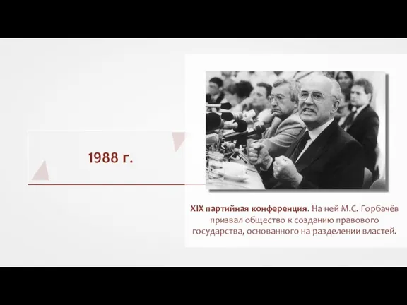1988 г. XIX партийная конференция. На ней М.С. Горбачёв призвал общество к