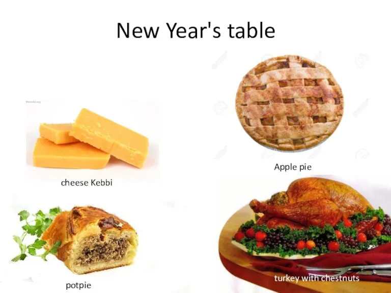 New Year's table Apple pie turkey with chestnuts potpie cheese Kebbi