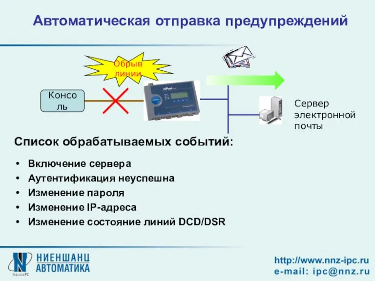 Автоматическая отправка предупреждений Обрыв линии Консоль Сервер электронной почты Список обрабатываемых событий: