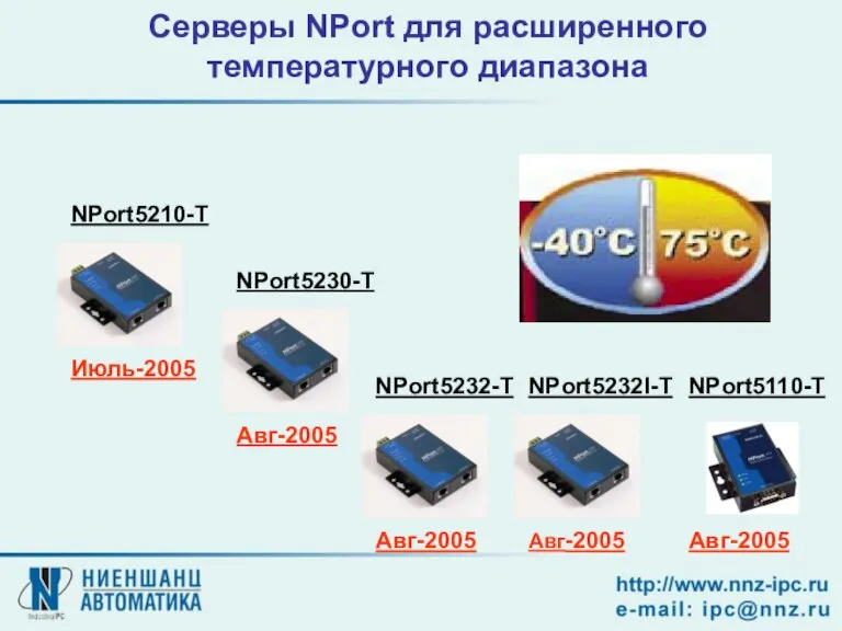 “ – 40 to 75°C” NPort5210-T Июль-2005 NPort5230-T Авг-2005 NPort5232-T Авг-2005 NPort5232I-T