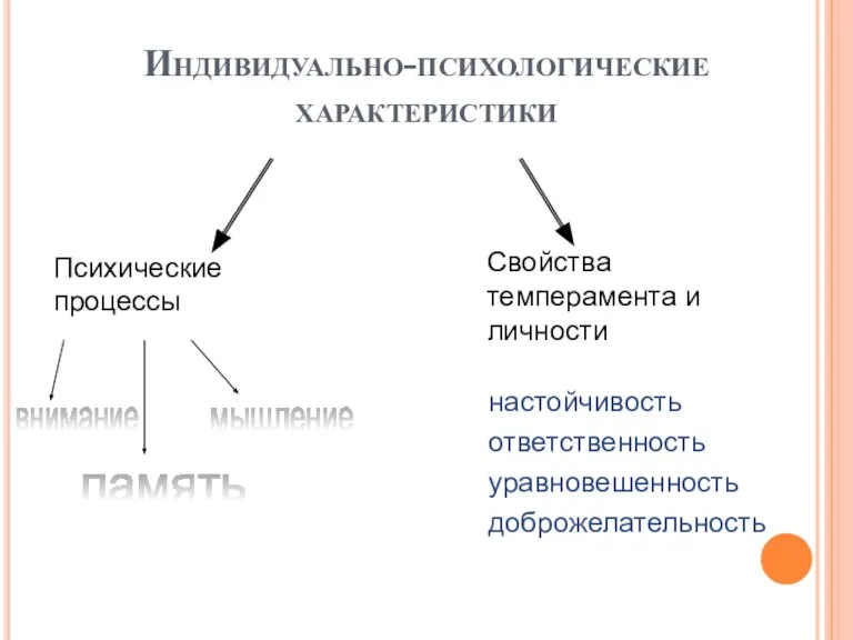 Индивидуально-психологические характеристики Психические процессы Свойства темперамента и личности внимание память мышление уравновешенность ответственность настойчивость доброжелательность