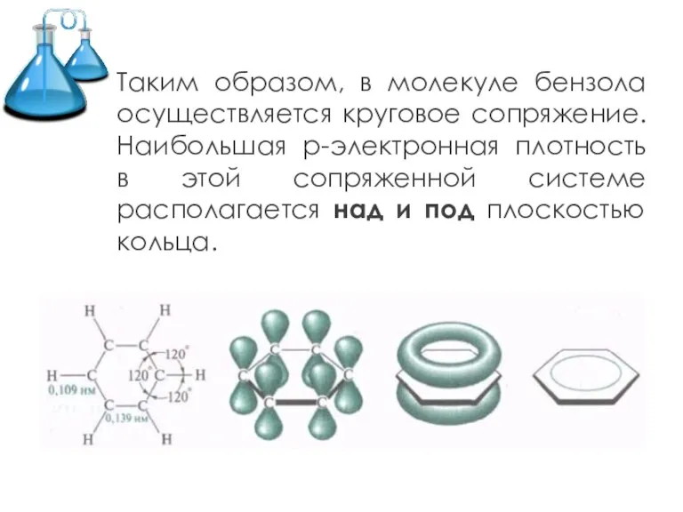 Таким образом, в молекуле бензола осуществляется круговое сопряжение. Наибольшая р-электронная плотность в