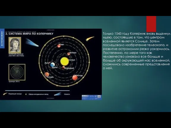 Только 1543 году Коперник вновь выдвинул идею, состоявшую в том, что центром