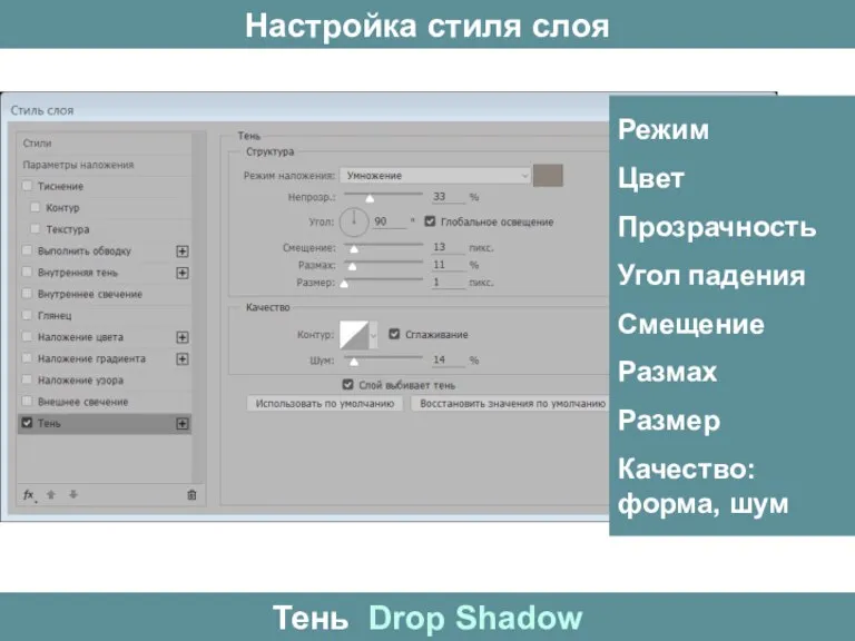 Настройка стиля слоя Тень Drop Shadow Режим Цвет Прозрачность Угол падения Смещение