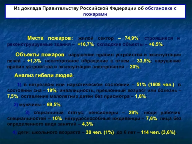 Из доклада Правительству Российской Федерации об обстановке с пожарами Места пожаров: жилой