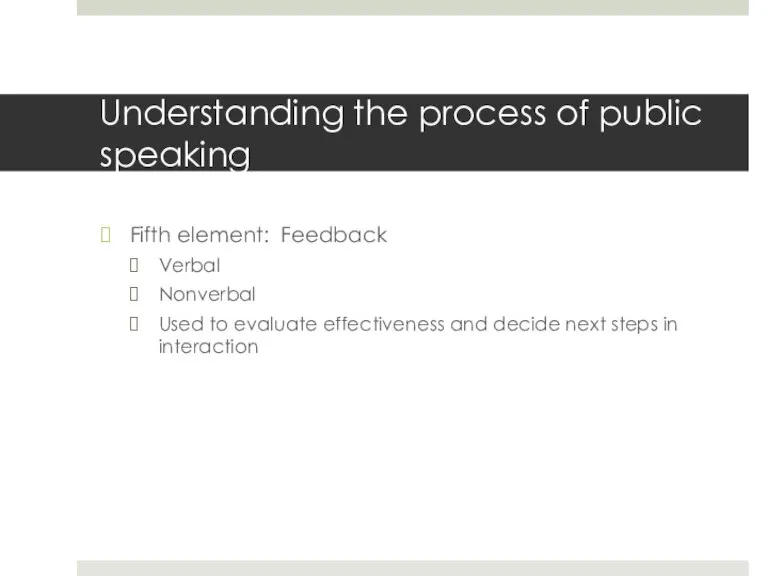 Understanding the process of public speaking Fifth element: Feedback Verbal Nonverbal Used