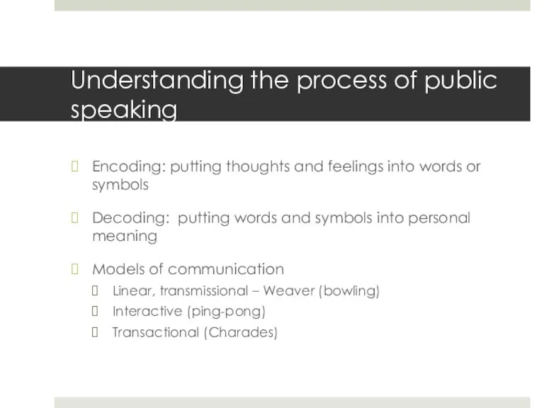 Understanding the process of public speaking Encoding: putting thoughts and feelings into