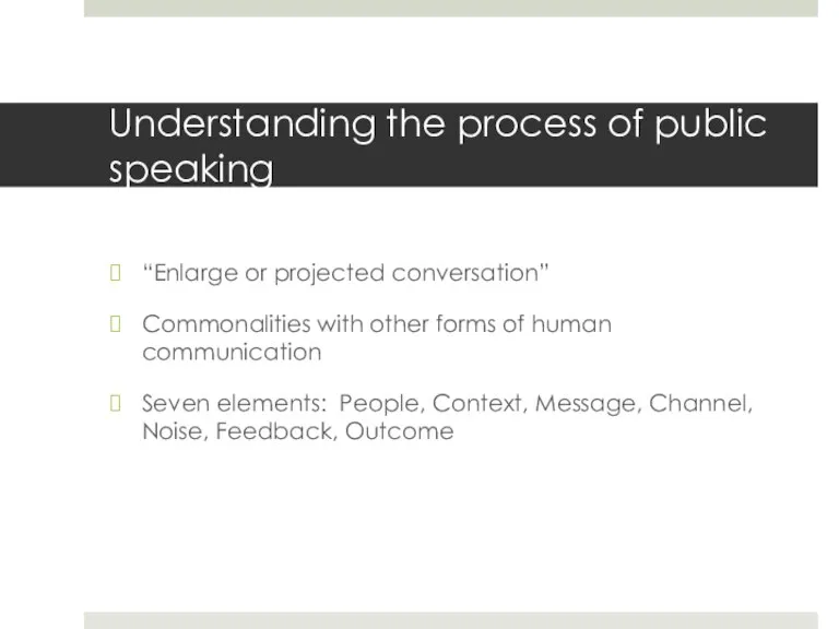 Understanding the process of public speaking “Enlarge or projected conversation” Commonalities with