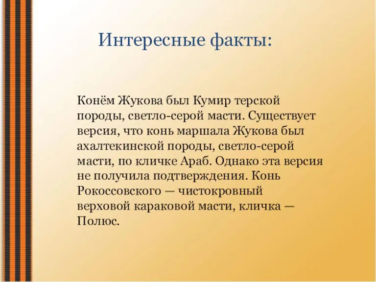 Конём Жукова был Кумир терской породы, светло-серой масти. Существует версия, что конь