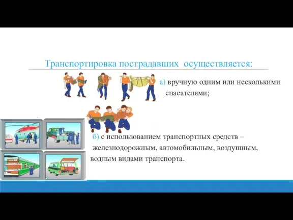 Транспортировка пострадавших осуществляется: а) вручную одним или несколькими спасателями; б) с использованием