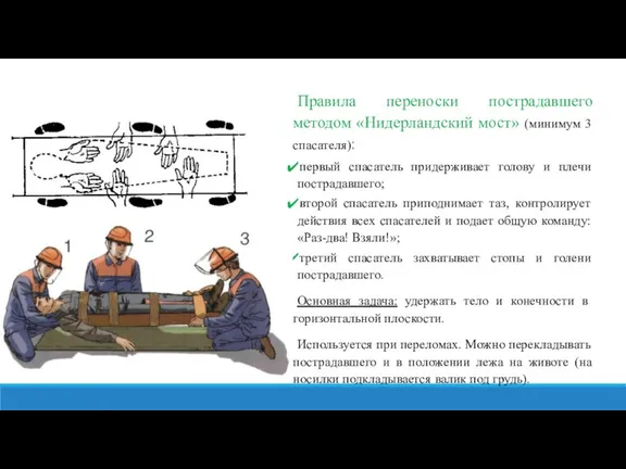 Правила переноски пострадавшего методом «Нидерландский мост» (минимум 3 спасателя): первый спасатель придерживает