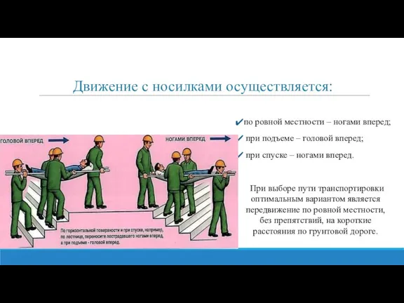 Движение с носилками осуществляется: по ровной местности – ногами вперед; при подъеме