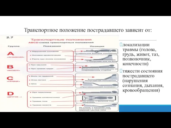 Транспортное положение пострадавшего зависит от: локализации травмы (голова, грудь, живот, таз, позвоночник,