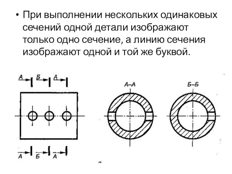 При выполнении нескольких одинаковых сечений одной детали изображают только одно сечение, а